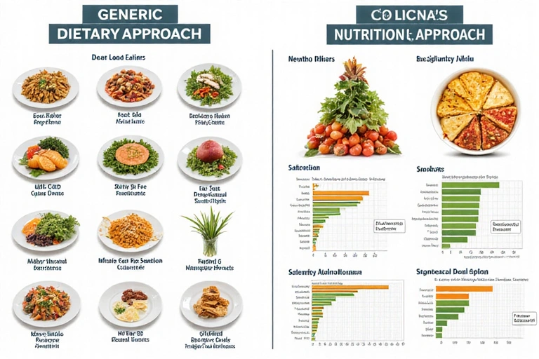 Immagine che illustra la differenza tra un approccio dietetico generico e uno clinico, con grafici e dati comparativi