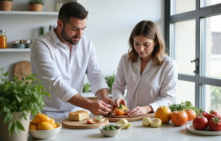Professionisti della nutrizione clinica che collaborano con un paziente in un ambiente medico professionale