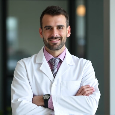 Ritratto professionale di un nutrizionista sorridente e accogliente in un ambiente clinico pulito.