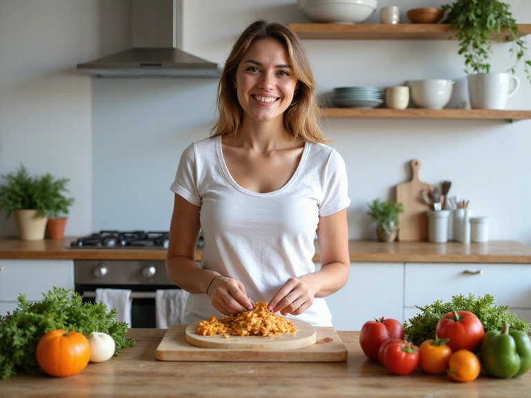 Donna sorridente che prepara un pasto sano, con ingredienti freschi e colorati sul tavolo.
