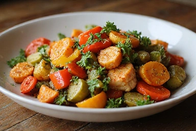 Immagine di un piatto colorato ricco di verdure e proteine magre, che evoca un pasto sano e bilanciato.