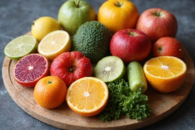 Tavolo con diversi tipi di frutta fresca e verdura, rappresentando una varietà di alimenti sani e naturali.