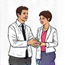 Icona rappresentante una consulenza nutrizionale con una persona che parla con un professionista e alimenti sani in primo piano.