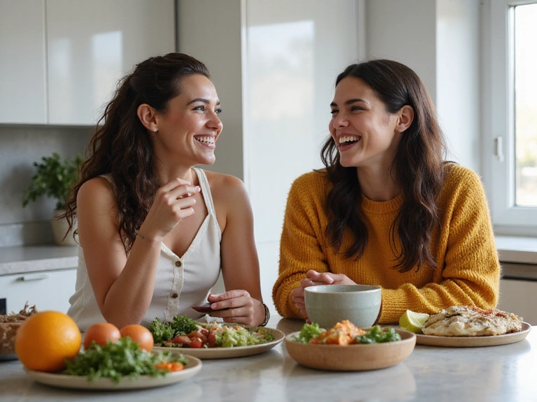 Due donne che ridono e condividono un pasto sano