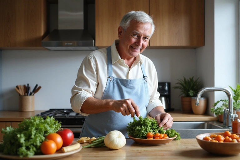 Uomo anziano che cucina verdure fresche in cucina